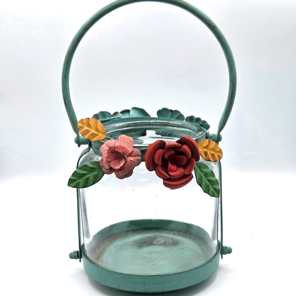 Green Metal Candle Holder Lantern with Flowers Cottagecore Garden Decor